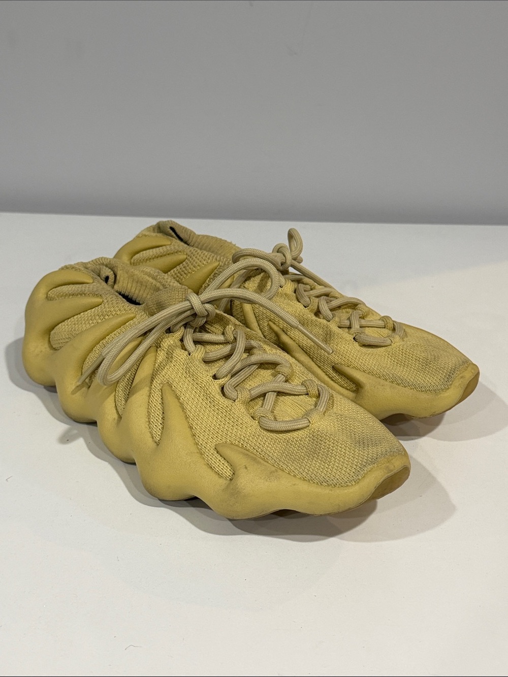Yeezy 450 Sulfur 10.5 Yellow Knit Lace-Up Sneakers with Sculpted Sole